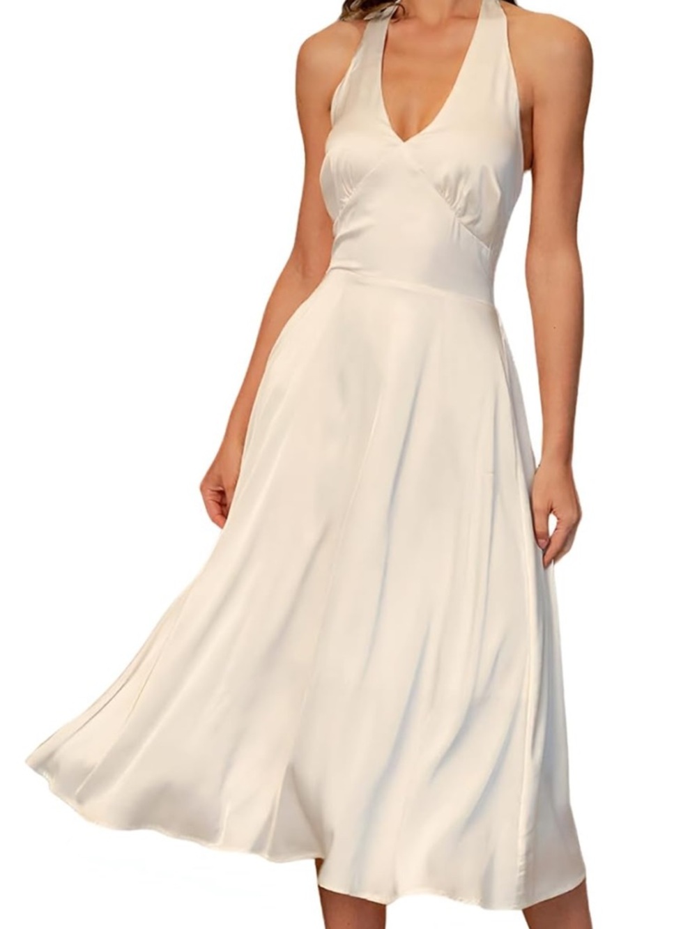 RIHOAS Cream Halter V-Neck Midi Dress
